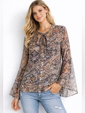 Show Me Your Mumu Taylor Tie Blouse Boho Sheer Print Bell Sleeve Boho Chic Top S